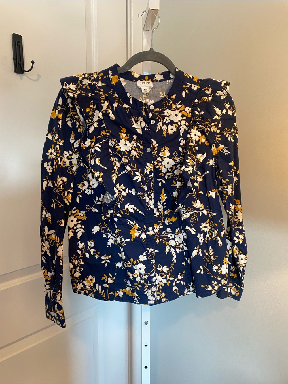J. Crew Navy Floral Ruffle-Trim Button-Up Blouse